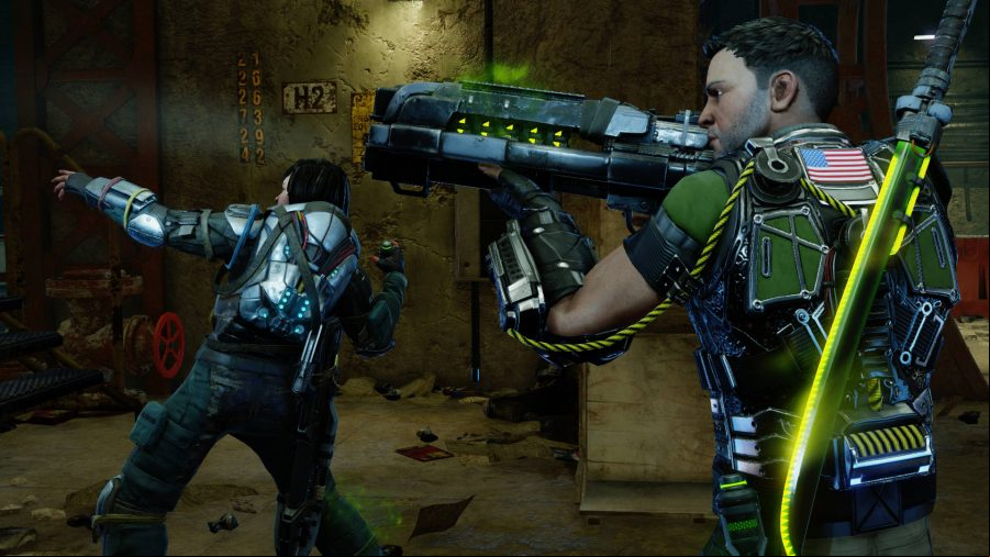 two solider facing forward, one with gun raised, the other about to throw a grenade