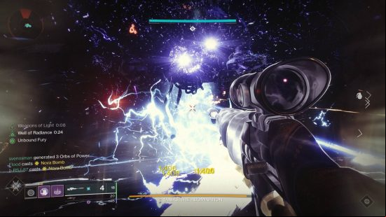Destiny 2 Beyond Light raid: chaotic fight, lighting effects and a soldier firing a sniper rifle.