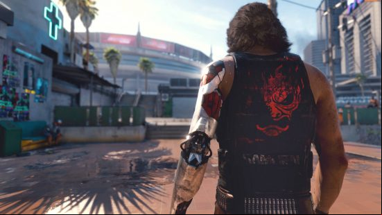 Cyberpunk 2077 endings: Johnny Silverhand is walking towards a stadium. His left arm is amputated with a cybernetic arm in its place.