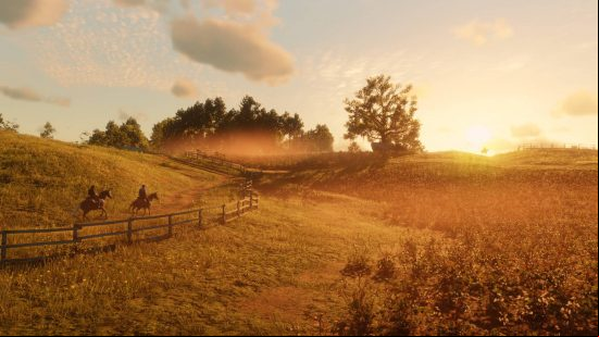 Best story games - two cowboys riding through a massive field during the sunset in Red Dead Redemption 2.