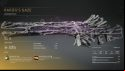 A rifle covered in grey, stony veins, with glowing purple crystals between them
