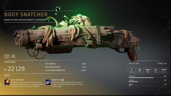 An Outriders legendary shotgun, seeminly made of wooden planks bolted together, with a skull on top