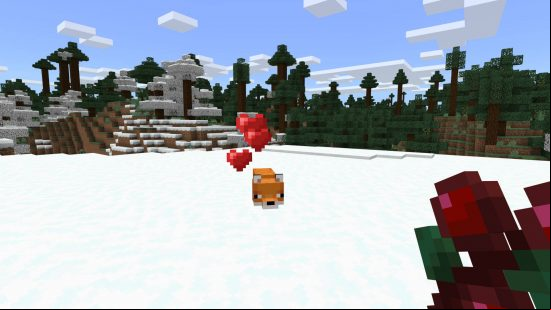 Minecraft fox - a fox in the snow being lured by sweet berries the player is holding.