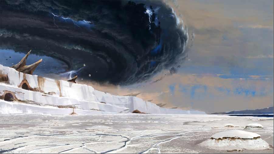 Dark stormclouds swirl over the salt flats in Vagrus - The Riven Realms