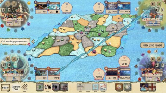 Best PC board games - a view of an island with cubes on top of it in Spirit Island.