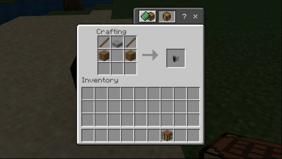 Minecraft grindstone recipe - the recipe for crafting a Minecraft grindstone. It requires two planks, two sticks, and a stone slab.