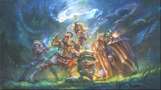 a league of legends team standing on a grassy knoll