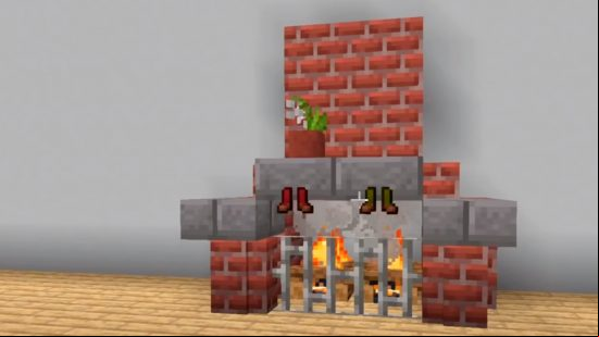 Minecraft Christmas builds - a cosy brick fireplace with stockings hanging on it
