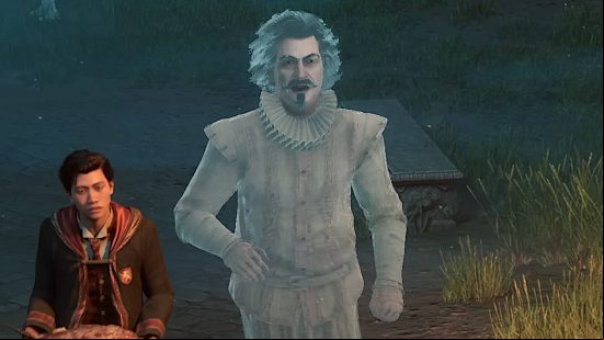 Hogwarts Legacy characters - Nearly Headless Nick is talking with a student in the castle's courtyard.