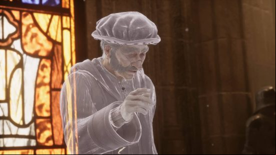 Hogwarts Legacy characters - Professor Binns is a ghost who is teaching his class near a stained glass window.