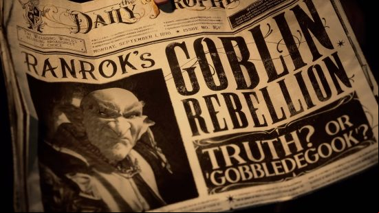 Hogwarts Legacy characters - Ranrok's photograph in an issue of the Daily Prophet. The headline reads 'Ranrok's goblin rebellion. Truth? 'Gobbledegook'