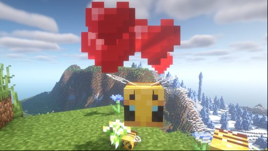 How to bred Minecraft bees: An adult bee in love mode, with red hearts appearing above its head