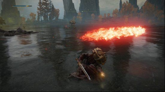 Elden Ring spells - crouching in a lake and throwing a line of fire with the flame sling spell