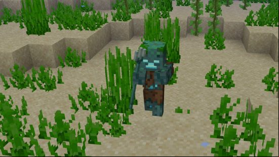 A drowned, which is an underwater zombie, holding a Minecraft trident.