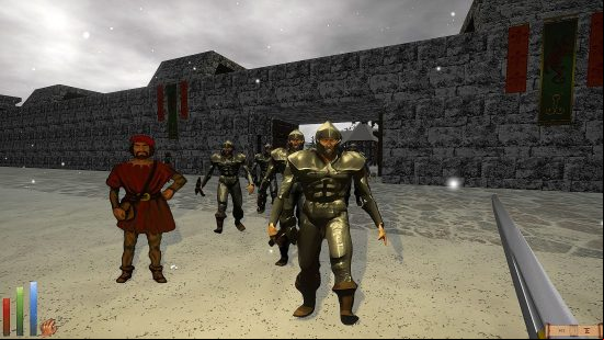 Free GOG games - approaching a town with a sword in Daggerfall Unity, several guards and a bard approach the player.