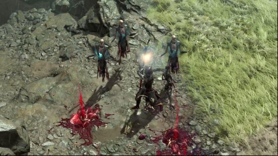 Diablo 4 Necromancer Class: The Diablo 4 Necromancer standing in the middle of a corpse-strewn battlefield, summoning three skeletal Shadow Mages.