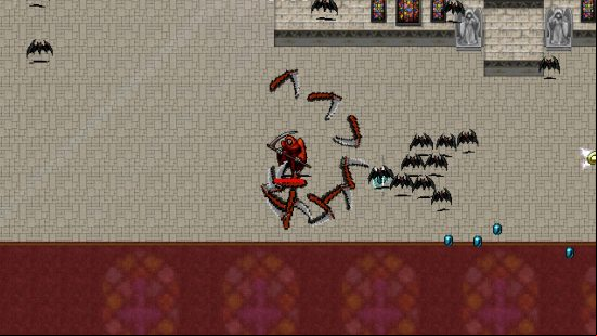 Best Vampire Survivors characters - Red Death is throwing some scythes at some bats in a church.