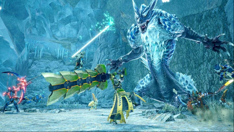 Monster Hunter Rise: several hunters and their pets are fighting against a giant ice wolf in a frozen area.