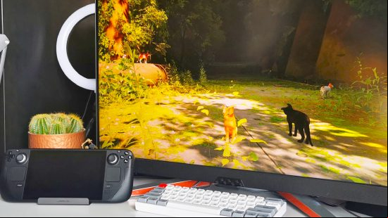 Jsaux Steam Deck dock hooked up to gaming monitor with Stray on screen