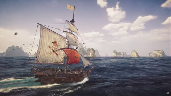 Skull and Bones ships: a medium ship with white sails and a full crew.