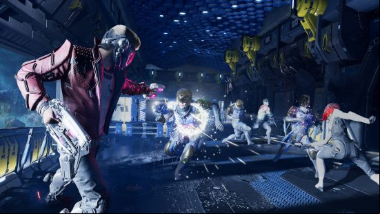 Best action-adventure games - The Guardians of the Galaxy are fighting aboard a ship against uniformed guards.