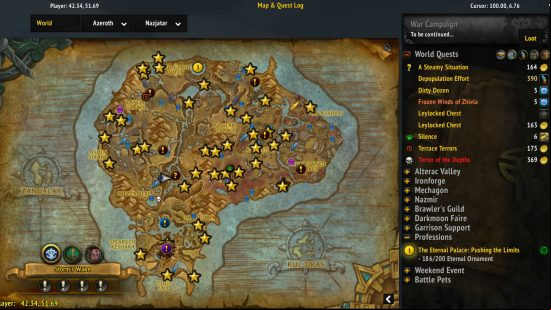 Best WoW addons 2022: The world map as illustrated with the Angry World Quests mod enabled, depicting the markers for various world quests on different worlds.