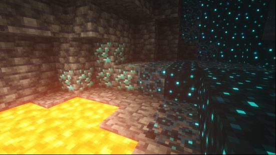 Minecraft diamonds underground, near lava and skulk