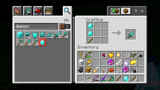 Minecraft diamond sword crafting recipe: two diamonds and one stick