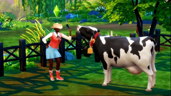 Sims 4 cheats: A female sim waves a cow bell at a cow