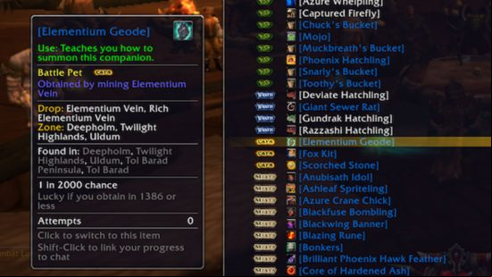 Best WoW addons 2022: The Rarity mod providing information on the rare Elementium Geode battle pet, its location, the method to obtain it, and the drop chance.