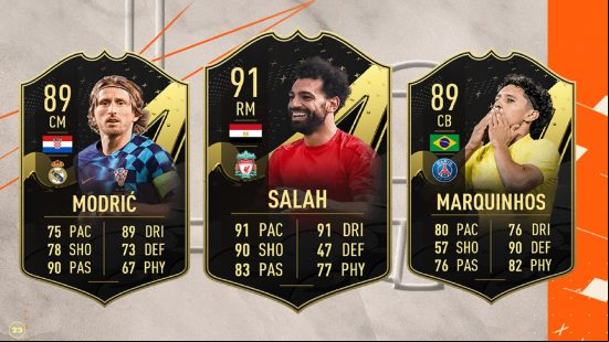 FIFA TOTW 2 Revealed: Three football cards, with the players respective stats