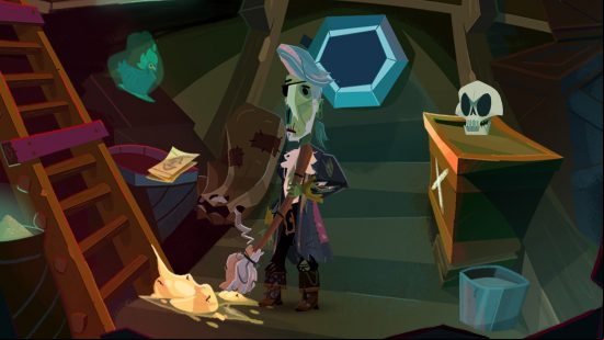 Return to Monkey Island escape the hold: Guybrush using a chicken to grease the floor