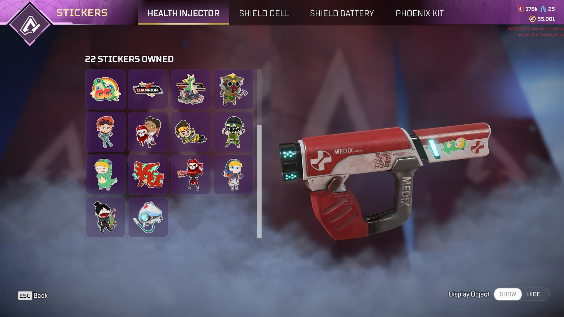 Apex Legends adds gifting feature and sticker cosmetics in Season 15: futuristic injector next to a menu of images