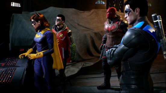 Gotham Knights sees Batgirl on the Bat Computer, with Robin, Nightwing, and Red Hood watching
