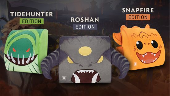 Secretlab Dota 2 lumbar pillows based on Tidehunter, Roshan, and Snapfire from left to right respectively