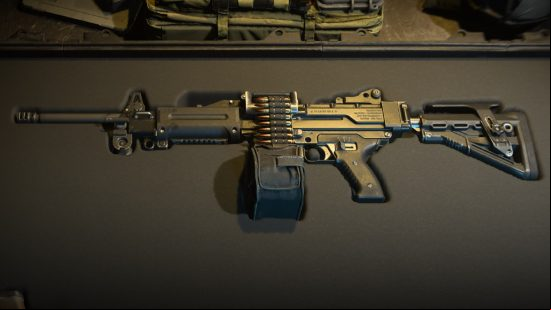 Best Modern Warfare 2 LMGs: The Sakin sits in a cushioned gun case