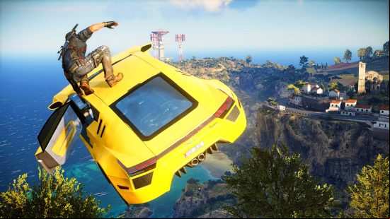 Best sandbox games - Just Cause 3: A yellow car soars through the air with the door open and the driver stands on its roof