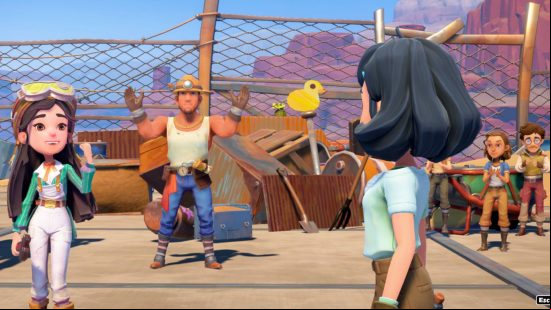 Games like Sims 4: Residents of Sandrock interacting with one another at a junkyard in My Time at Sandrock.