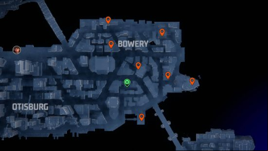 Gotham Knights Batarangs: orange pins showing the Batarang locations in Bowery.