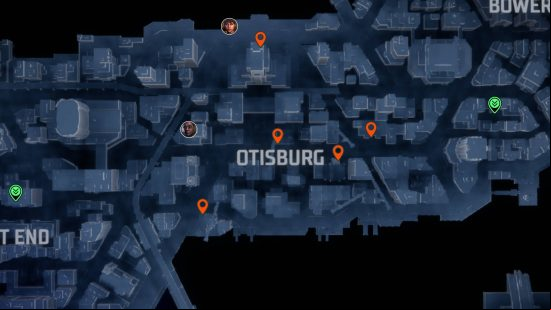 Gotham Knights landmarks: orange pins showing the locations of the landmarks in Otisburg.