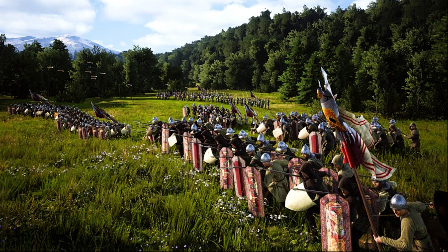 Manor Lords - an army of soldiers lined up, ready for battle in a luscious green field