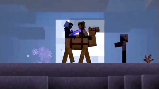 Minecraft camel multiplayer and combat: two players kill a zombie while riding a camel