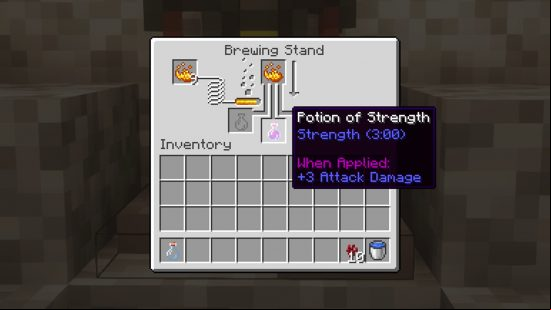 Minecraft potions recipes: the strength potion brewing recipe seen in the brewing stand, with blaze powder as both the fuel and the ingredient.