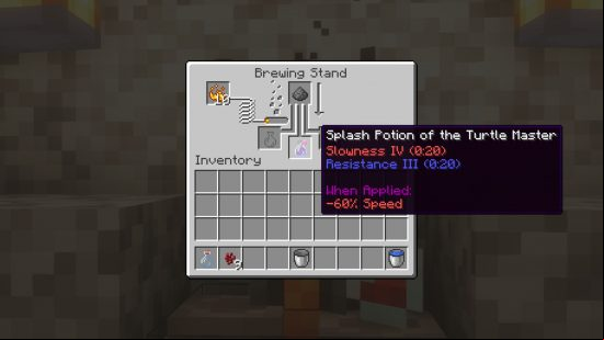 Minecraft potions and brewing guide: The splash potion of the turtle master recipe in the brewing stand interface.