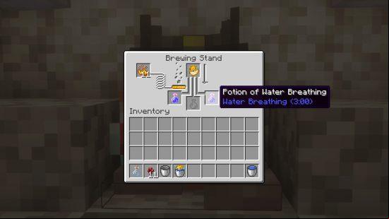 Minecraft potions recipes: the water breathing potion brewing recipe, with a pufferfish in the top slot of the brewing stand interface.