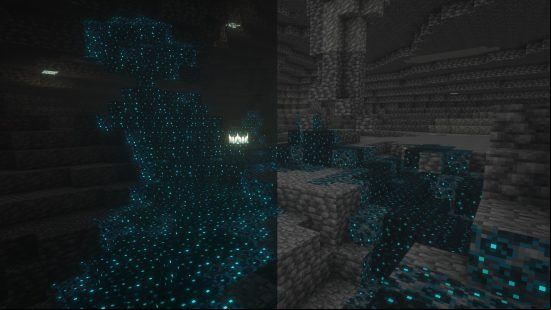 Minecraft potions recipes: The Deep Dark biome as seen with and without night vision.