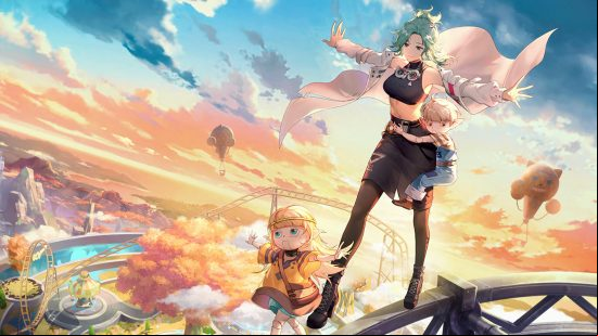 Two women, one tall with green hair ain a white shirt and black skirt, one very small in a yellow outfit, walk in a slim iron bar with a city in the background