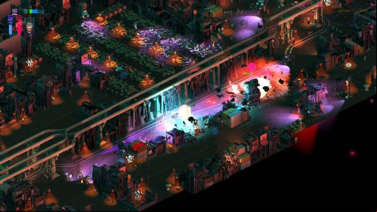Best robot games - an isometric view of lots of robots destroying each other in a neon-lit city in Brigador.