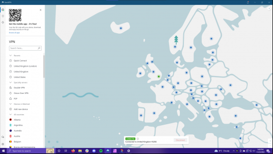 NordVPN review: the Windows app in fullscreen, connected to a UK server