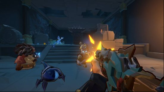 Games like Left 4 Dead and Payday 2: a person holding an assault rifle fires at floating fish